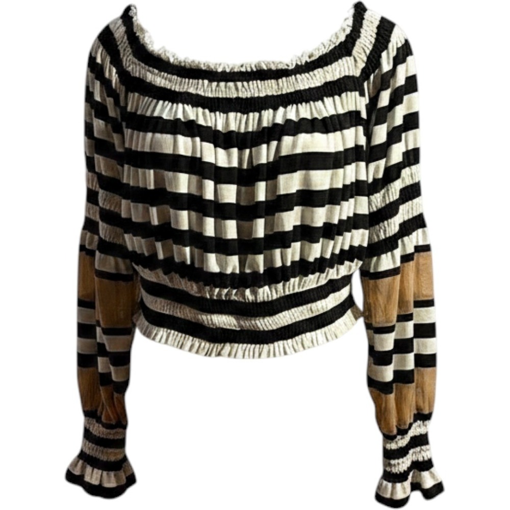 Norma Kamali Striped Off Shoulder Smocked Crop Top Black White Mesh Sleeve L